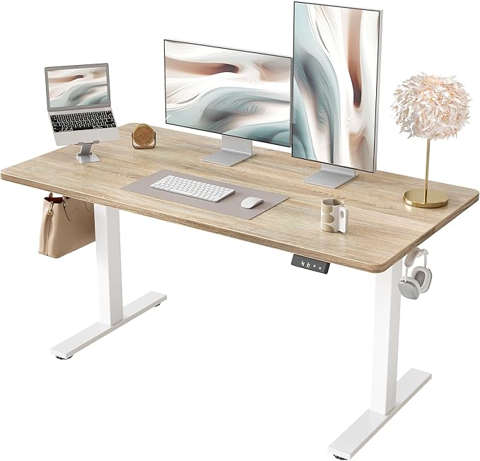 TIQLAB 55 * 28 Inches Standing Desk, Adjustable Height Stand up Desk,Sit Stand Home Office Table with Splice Board, Maple
