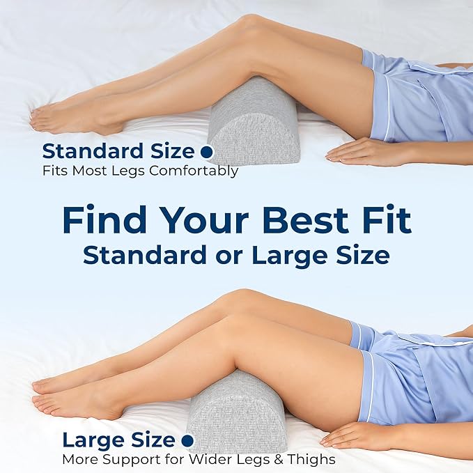5 STARS UNITED Knee Pillow for Back Sleeping – Memory Foam Cushion for Sciatica Pain Relief – Under Leg Support for Sleeping on Back – Large Half Moon Bolster for Bed, Natural Gray with Cotton Cover
