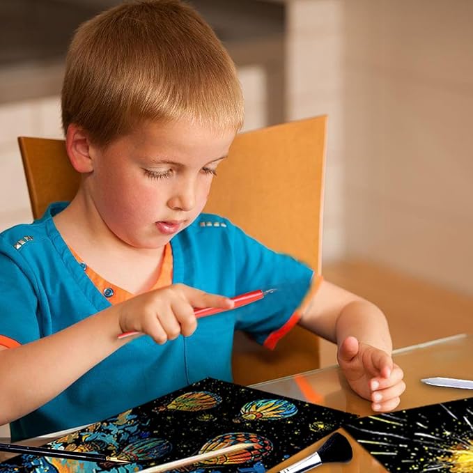 Georgie Porgy Scratch Paper Art Set for Kids Adults Magic Rainbow Painting Boards for DIY Arts and Crafts Kits Christmas Birthday Gift with Scratching Tools Kit (Glow in The Dark Fireworks + Balloon)