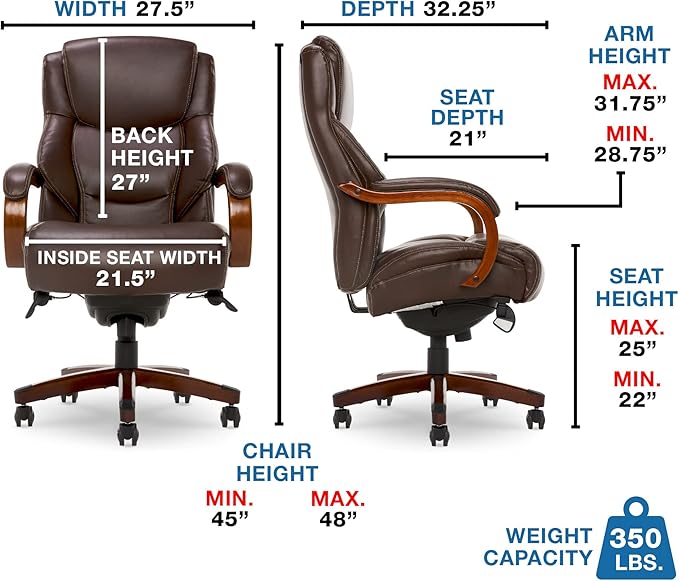 La-Z-Boy Delano Big & Tall Executive Office Chair, High Back Ergonomic Lumbar Support, Bonded Leather, Brown