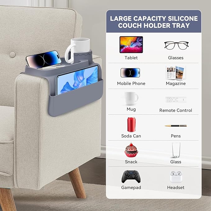 Couch Cup Holder Tray - Wide (6"+) ， Silicone Sofa Armrest Tray with Dual Pockets，Couch Arm Tray Anti-Slip Organizer for Drinks, Phone, Remote, Snacks | Heat Resistant for, Recliner, Car