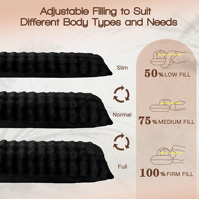 YZ HOME Faux Fur Fluffy Body Pillow for Adults - Firm Body Pillow Insert with Shredded Blue Memory Foam, Adjustable Height, Soft Support for Side Sleeping, Pregnant Women, Washable, 20x54 Inch (Black)