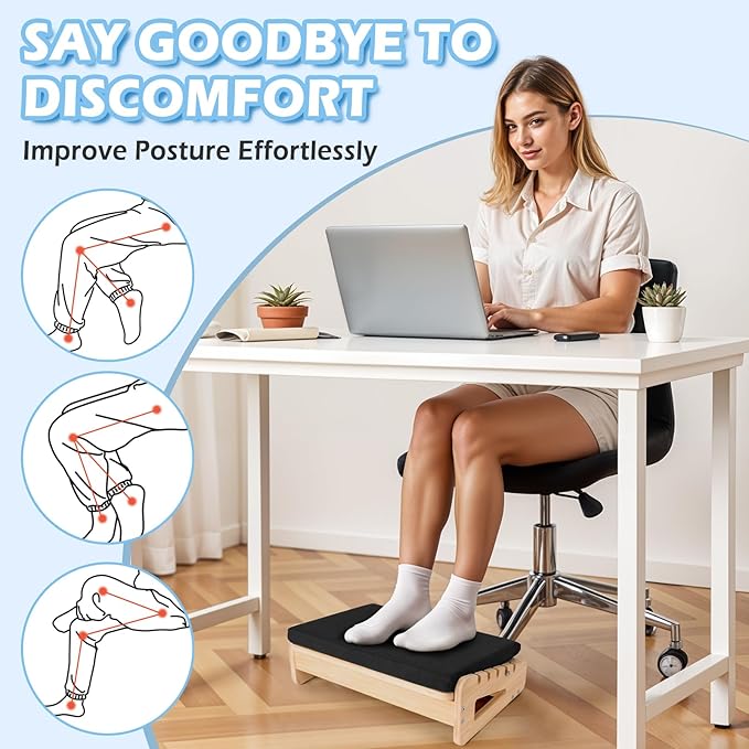 Ergonomic Bamboo Foot Rest for Under Desk, Dual Side Footrest with Reflexology Massager Roller, 5 Heights Adjustable Foot Stool, Ergonomic Leg Support to Relieve Lumbar, Back, and Knee Pain