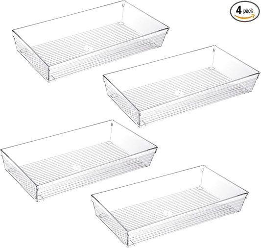 4 Pack 12"x 6" Large Size Clear Plastic Desk Drawer Organizer Tray Bathroom Office Kitchen Utensils Silverware Gadgets Dividers Desk Drawer Storage Bins Container for Dresser Cosmetic Makeup