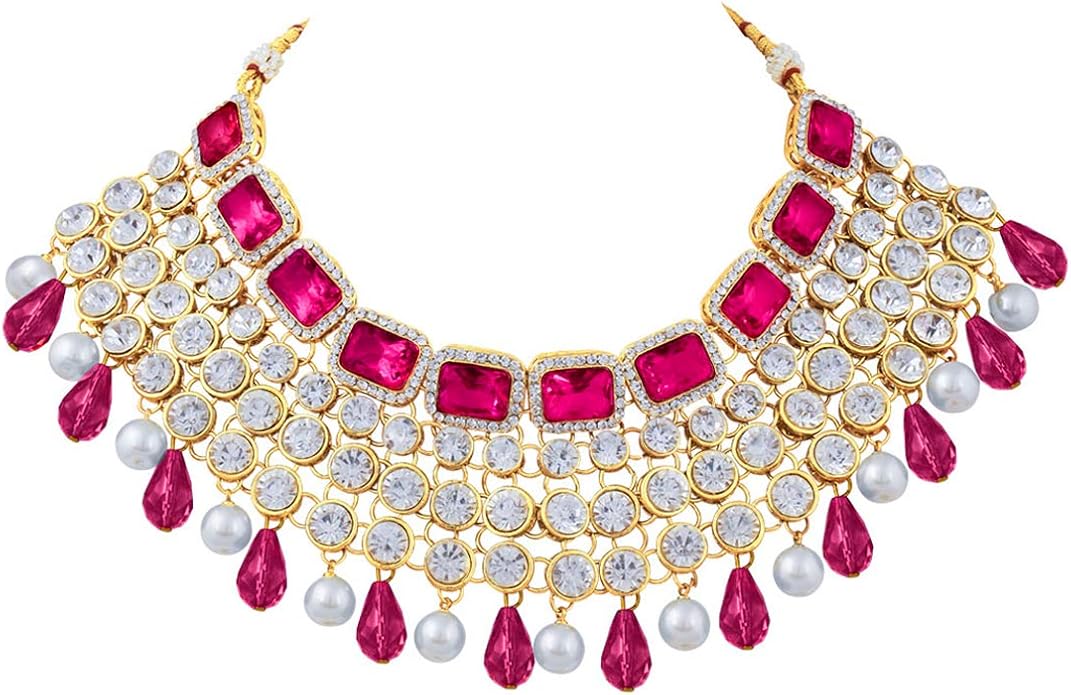 Aheli Kundan and Simulated Colored Stones Indian Ethnic Maang Tikka Necklace and Earrings Set Bollywood Festive Statement Jewelry Gift for Women