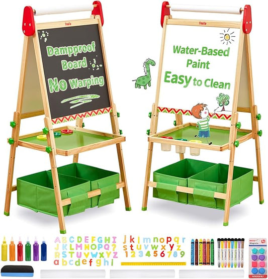 FUNLIO Anti-Warping Kids Art Easel, 3 Height Adjustable for Kids Aged 2-8, All-in-One Toddler Easel with Paper Roll & Erasable Frame, Standing Easel with Magnetic Chalkboard/Whiteboard (Green)