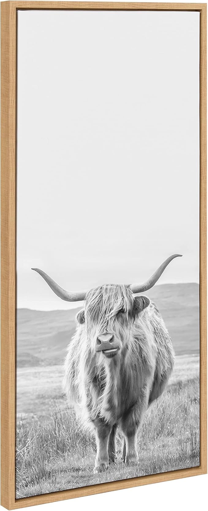 Kate and Laurel Sylvie Highland Cow Mountain Landscape Vertical BW Framed Canvas Wall Art by The Creative Bunch Studio, 18x40 Natural, Decorative Farmhouse Art for Wall