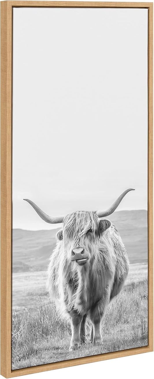 Kate and Laurel Sylvie Highland Cow Mountain Landscape Vertical BW Framed Canvas Wall Art by The Creative Bunch Studio, 18x40 Natural, Decorative Farmhouse Art for Wall