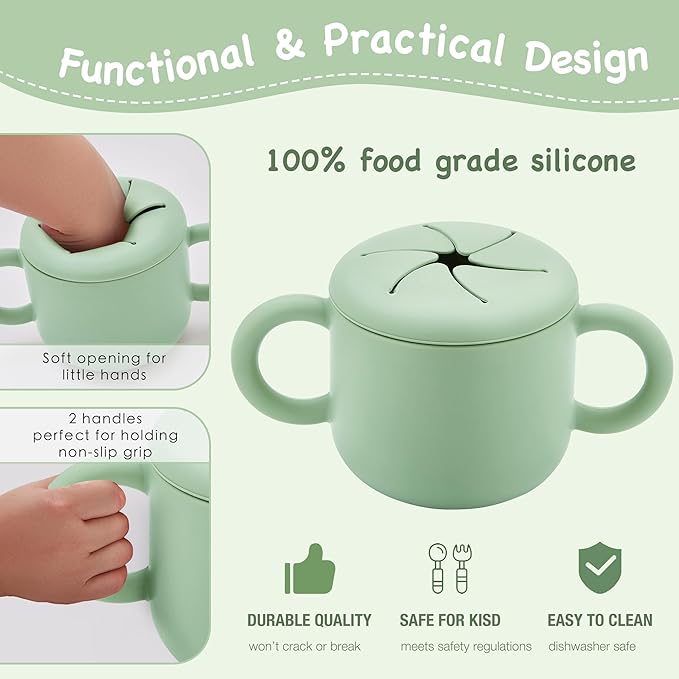 Silicone Baby Feeding Set, Baby Led Weaning Supplies, Eating Essentials Utensils with Suction Plate and Bowl, Pocket Bib, Sippy Cup with Lid, Forks Spoons Snack Container, for 6+ Months, Green