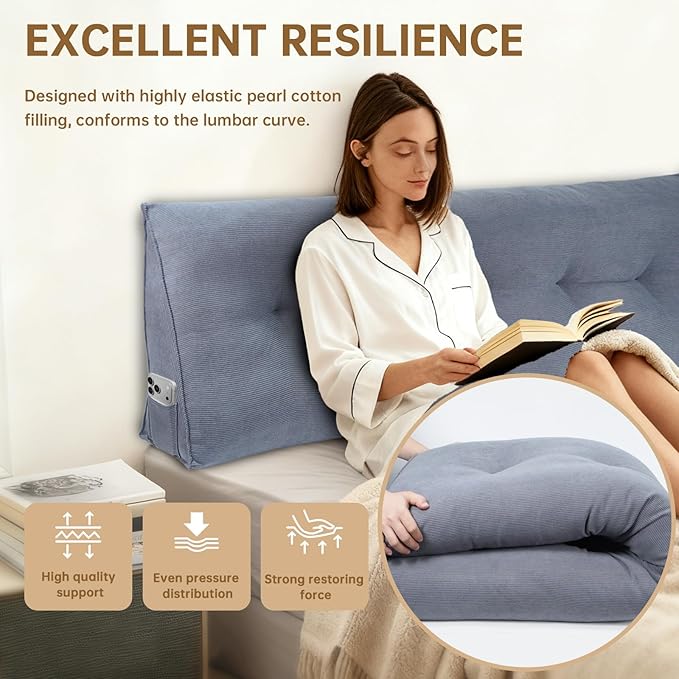 Headboard Pillow Full Bed Wedge Pillow for Dorm, Daybed, Back Support, Sitting Up, Reading, Relaxing, Navy Blue