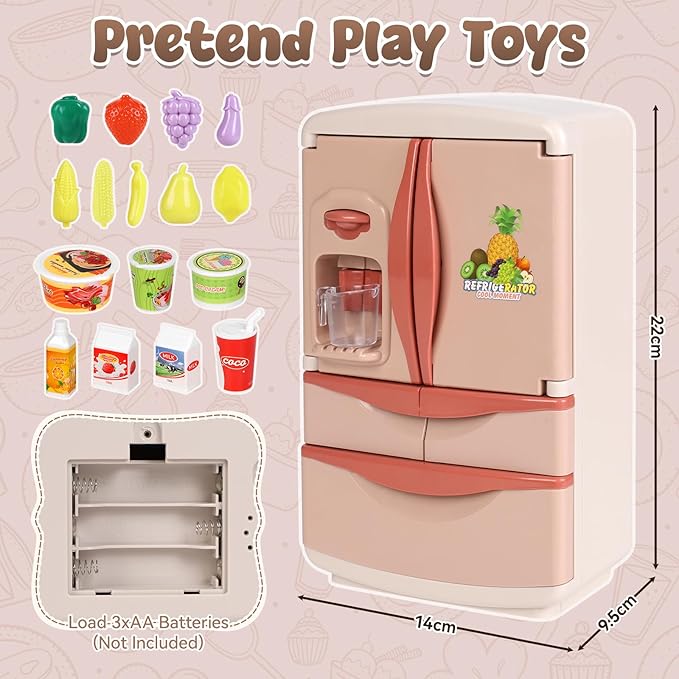 Coherny Play Kitchen Toys Fridge Refrigerator with Ice Dispenser,Mini Dollhouse Furniture Fridge Kids Kitchen Playset with Mini Play Food,Toddler Kitchen Playset Accessories for Boys Girls