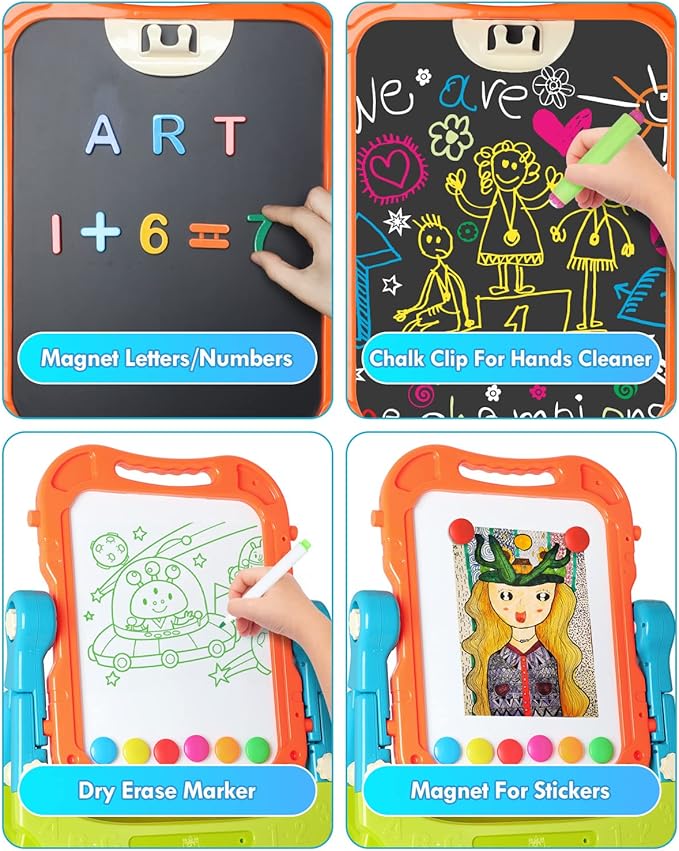Lehoo Castle Easel for Kids, 4 in 1 Double Sided Kids Art Easel with Magnetic White Board & Chalk Board, Adjustable Standing Toddler Easel with Drawing & Writing Accessories - Gift for Boys and Girls