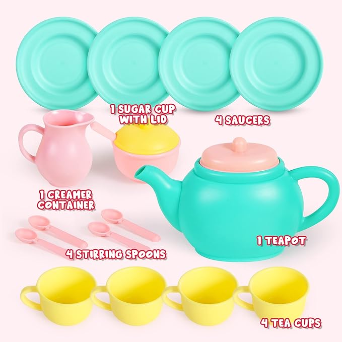JOYIN 18PCS Pretend Play Tea Party Set Play Food Accessories BPA Free, Phthalates Free, Plastic Tea Set, Mini Kitchen for Kids, Gifts for Toddler Boys Girls Ages 3 4 5 6 Years Old
