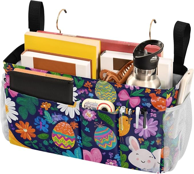 Easter Daisy Rabbit Birds Eggs Bedside Caddy for Dorm Bed Bedside Hanging Caddy Bag Iron Frame Storage Organizer Pocket for Bunk Home College Hospital Beds 2 Hooks