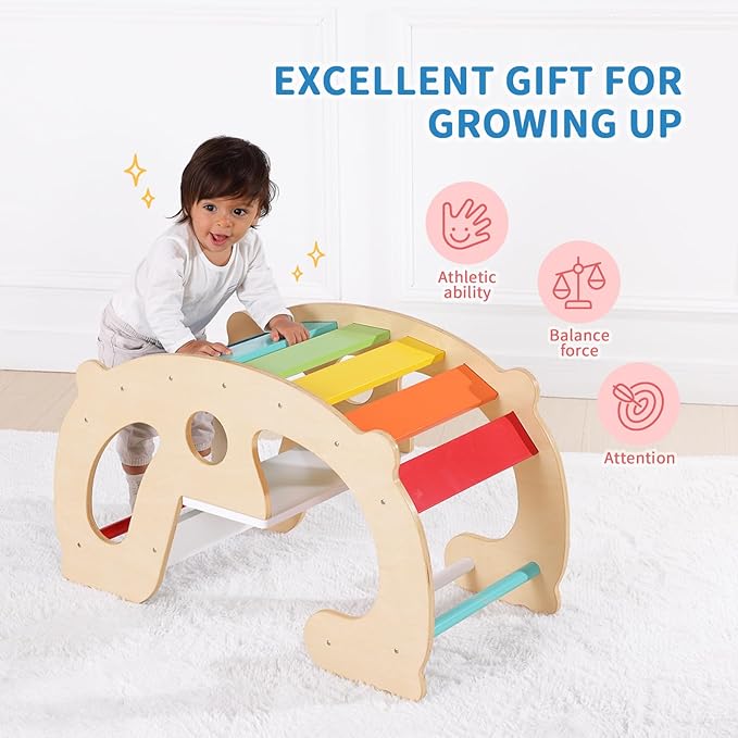 2 in 1 Rainbow Climbing Toys - Pikler Montessori Climbing Set, Wooden Rocking Horse Toy, Children Indoor Outdoor Play Gym Learning Playset, Playground for Kids Present