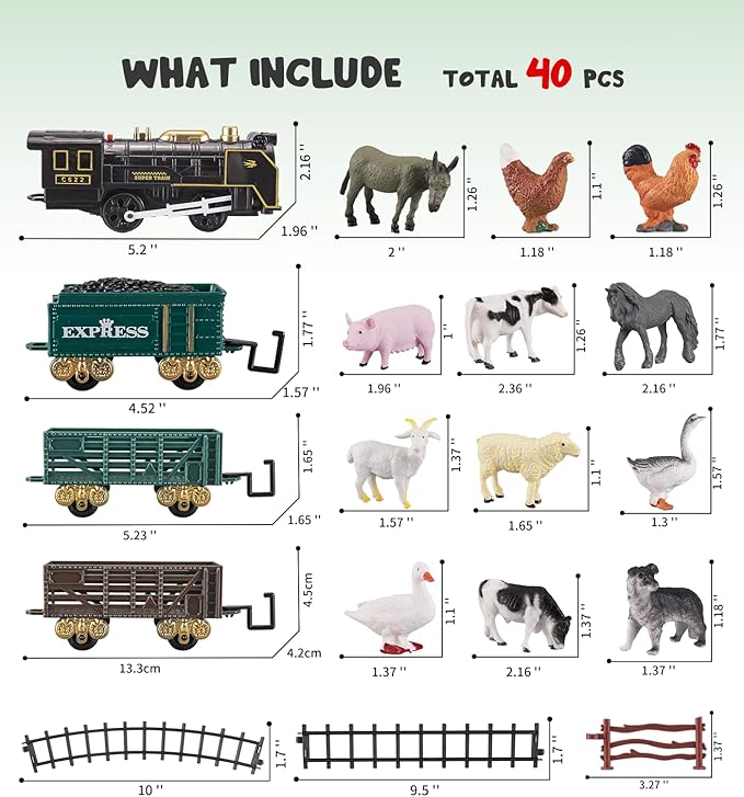 Farm Toy Train Set, Electric Steam Train Engine with Light & Sound, Include 12 Animal Figures, Miniature Toys for Kids, Cake Topper Bulk Toddler Stocking Stuffers Gift for 3 Year Old & Up Boy Girl