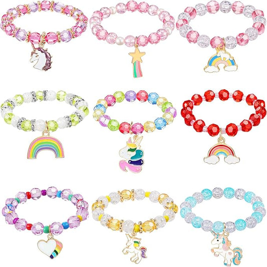 Hicarer 9 Pieces Unicorn Girls Bracelets for Toddler Little Girls Rainbow Bracelets Princess Colorful Cute Beaded Jewelry for Gift Goodie Bag Stuffers Birthday Party Favors(Classic Style)