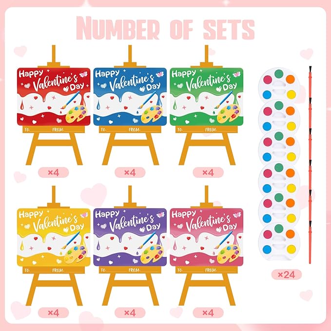 GOAUS Valentines Day Gifts for Kids, 24 Pack Easel-Shaped Valentines Cards with Watercolor Paint Sets for School Boys Girls Classroom Preschool Party Favors Class Prizes
