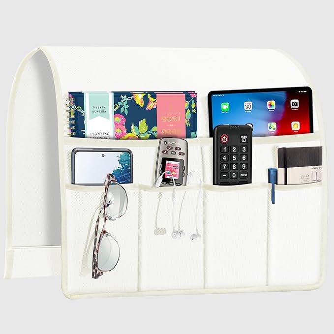 Joywell Remote Control Holder for Recliner Armchair Couch Caddy Sofa Armrest Organizer Non Slip Sofa Arm Chair Caddie with 6 Pocket Storage for Magazine, Tablet, Phone, iPad, White