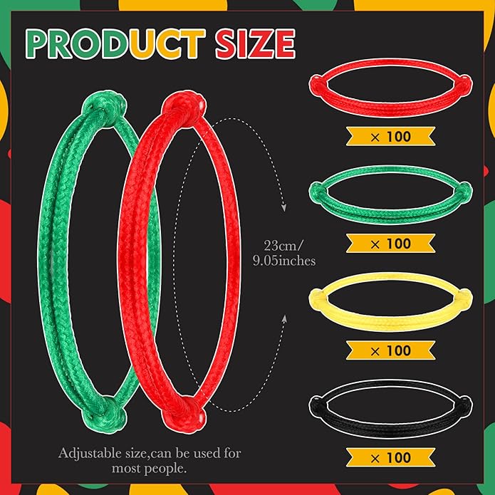 Kigeli 400 Pieces Black History Month Friendship Bracelets Bulk Neon Rope Bracelets in 4 Assorted Colors Adjustable Green Red Gold Bracelets Rope Woven Bracelets for Black History Month Party Decor