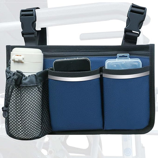 Wheelchair Bag, Walker Bag, Armrest Organizer Pouch with Cup Holder, Reflective Strip, Accessories for Most Wheelchairs, Walkers, Rollators (Navy Blue)