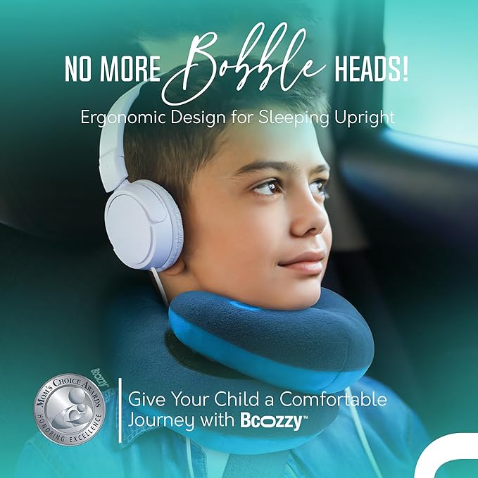BCOZZY Kids Chin Supporting Travel Pillow for Ages 8–12- Patented Soft Neck Pillow for Head and Chin Support in Car Seat and Airplane. Comfortable Travel Essential. Medium Size, Bag, Light Blue