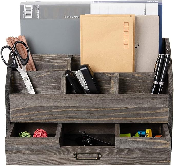 VERGOODR Rustic Wood Desk Organizer and Storage with Drawer and Pen Holder Bill Mail Organizer and Mail Holder for Countertop Kitchen Desk Decorative & Workspace Organizers(Rock Grey)