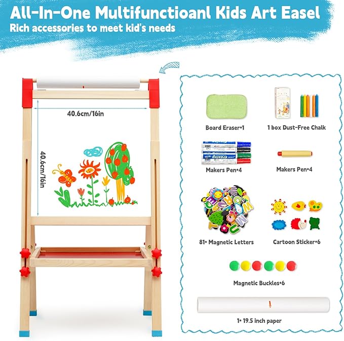 Kids Art Easel with Paper Roll Art Standing Easel Double-Sided Whiteboard & Chalkboard & Roll Paper Drawing Board Standing Easel with Accessories for Kids and Toddlers