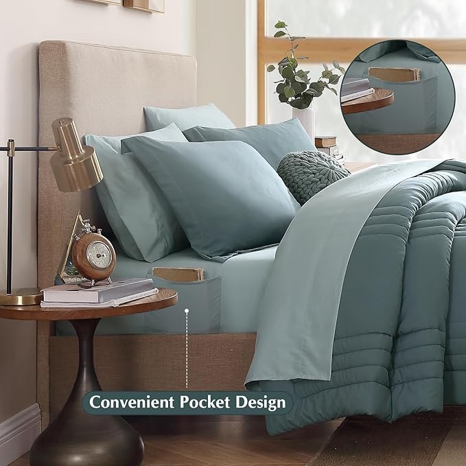 Monbix Oversized King Size Comforter Set - 7 Pieces Blue Green Bed in a Bag Oversized King Bedding Sets with Comforters, All Seasons Comforter Bed Set with Sheets, Pillowcases & Shams