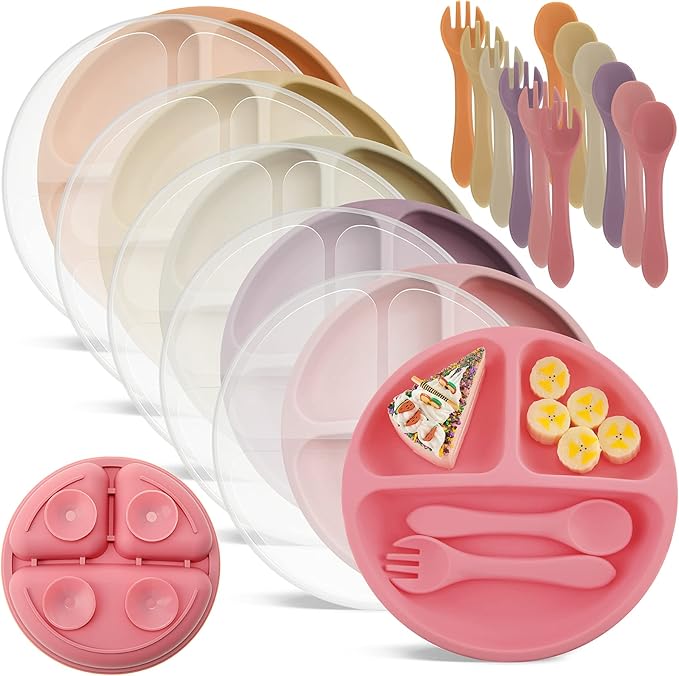Meanplan 6 Pack Suction Plates for Toddlers with Lids Silicone Baby Plates set Food Grade Silicone Divided Design BPA Free Microwave and Dishwasher Safe Assorted Colors(Cute Colors)
