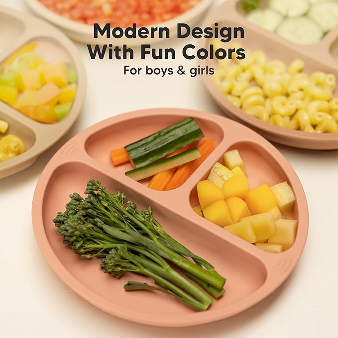 KeaBabies Suction Plates for Baby, Toddler - 3-Pack 100% Silicone Toddler Plates, Divided Baby Plates with Suction, Silicone Plates for Baby, Kids, BPA-Free, Microwave, Dishwasher Safe (Roseate)