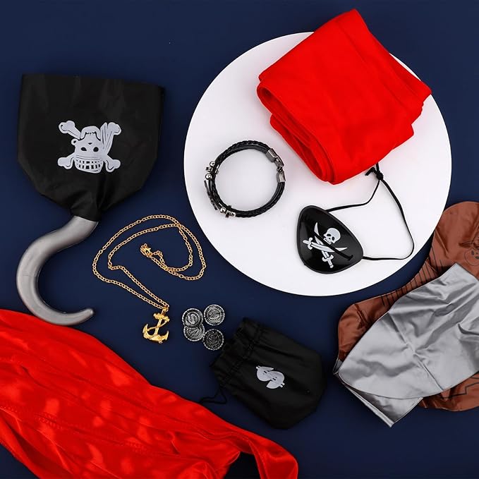 Halloween Pirate Costume Set, 8pcs Pirate Costume Accessories Including Eye Patch Red Kerchief Pirate Anchor Necklace Pirate Hook Red Cloth Belt Braided Bracelet for Kids Women