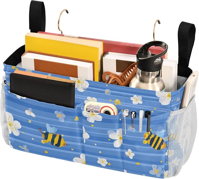 Blue Striped Sakura Bees Bedside Caddy for Dorm Bed Bedside Hanging Caddy Bag Iron Frame Storage Organizer Pocket for Bunk Home College Hospital Beds 2 Hooks