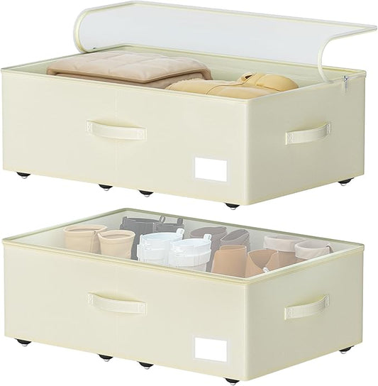 Under Bed Storage with Wheels, No Assemble Required 12 inches height Under Bed Storage bins,Large capacity Rolling Underbed Shoe Storage containers，dorm underbed storage drawers