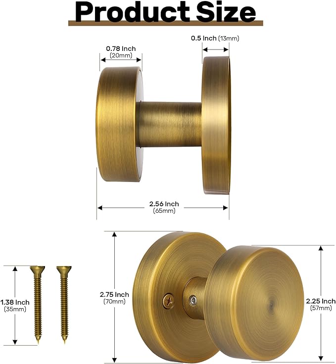 2 Pack Antique Brass Dummy Door Knobs Interior Old Style Round Door Knob Antique Dummy Door Handle for Hall Pantry Closet