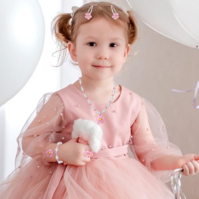 Girls Flower Jewelry Set - Toddler Dress up 5 Piece Pretend Plasy Toy Jewelry Box Set with Bead Necklace, Bracelet Ring and Hair Clips - Play Accessories - Ages 3+ Girl Birthday Gifts