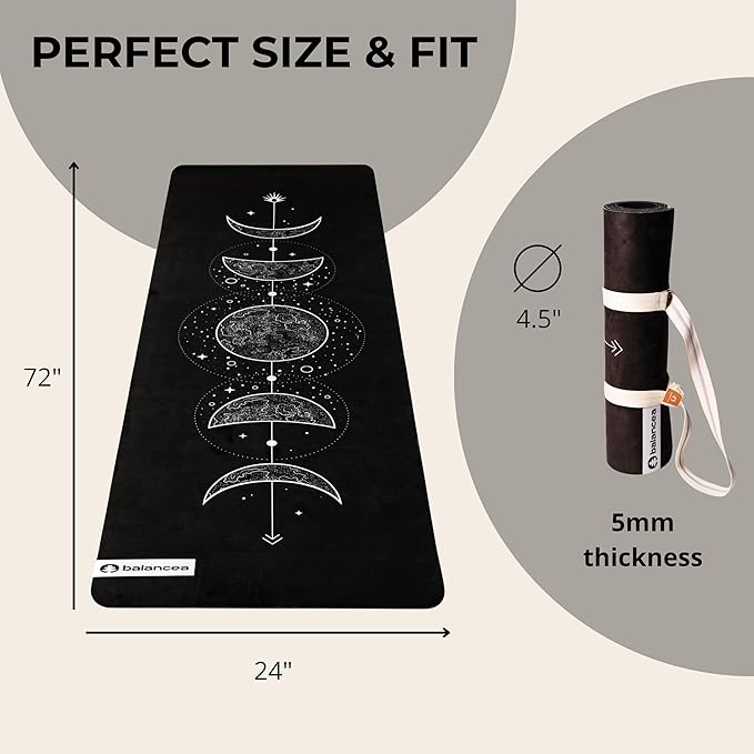 Yoga Mat With Strap 5mm Non Slip Suede & TPE - Eco-Friendly Fitness & Exercise Mat for Home Gym, Pilates, Hot Yoga, and Meditation - Lightweight Durable 72 x 24 inch Workout Mat for Women, Men