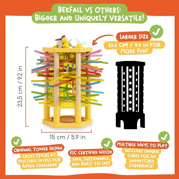 Nene Toys BeeFall, 4-in-1 Wooden Honey Bee Toy for Kids Ages 3-9 - Educational Game with Wooden Honeybee Hive, 12 Bees, Colorful Sticks, Dice & Cards - Fun Family Game for Cognitive Development