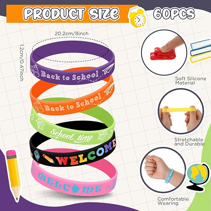 Libima 60 Pcs Welcome Back to School Bracelets Bulk Back to School Rubber Bracelets First Day of School Silicone Wristbands Back to School Gifts Goodie Bags Favors Class Rewards Party Supplies
