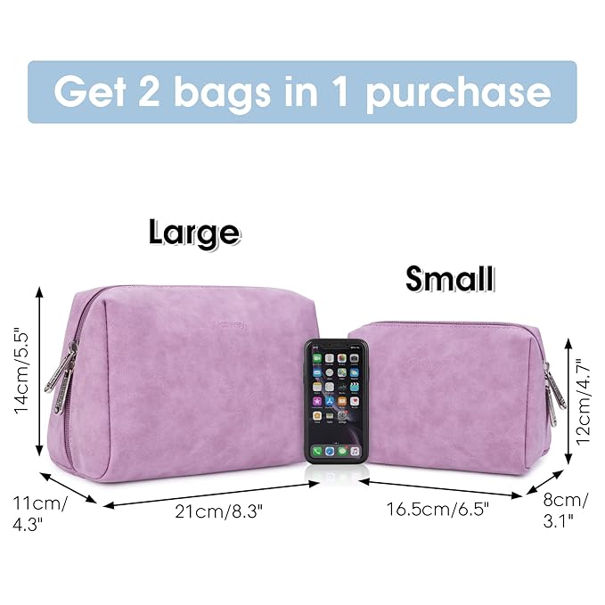 2 Pack Vegan Leather Makeup Bag Zipper Pouch Travel Cosmetic Organizer for Women (Large (Pack of 2), Purple)