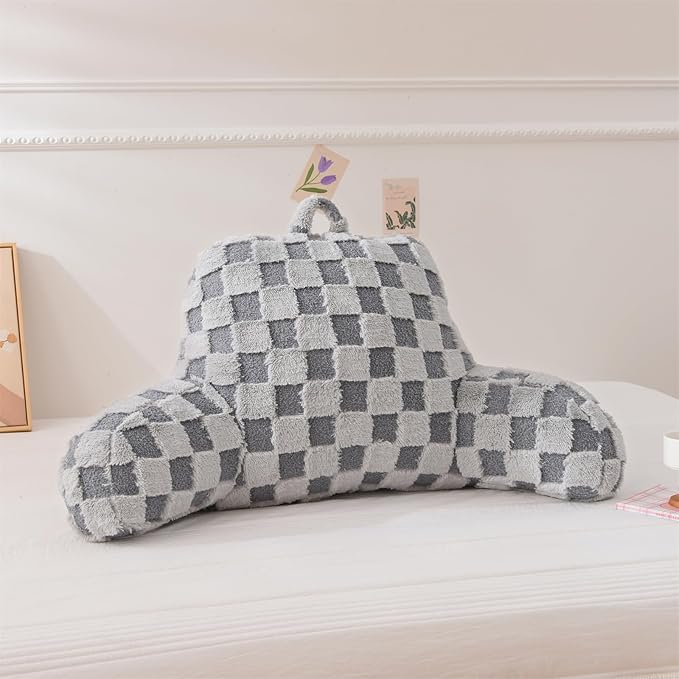 Aimuan Reading Pillow Checkered Bed Rest Wedge Backrest Checkerboard Pillow with Arms Back Support for Sitting Up in Bed Cushion Incline Rest Sleeping Snoring Pillow (Grey,Large)
