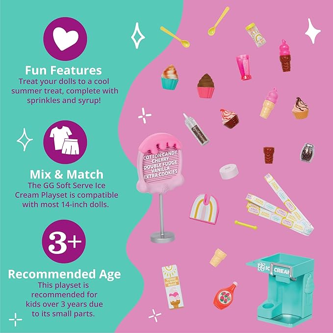 Glitter Girls – Ice Cream Set – Accessories for 14-inch Dolls – Soft-Serve Machine, Cones, Syrup – Menu Stand & Ticket Dispenser – 3 Years + – GG Soft Serve Ice Cream Playset