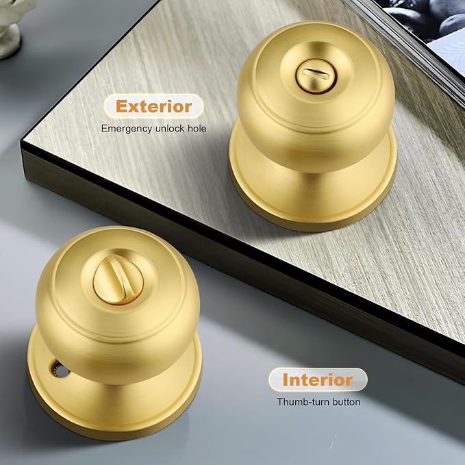 Probrico Gold Door Knobs for Bedroom Bathroom, Interior Door Knob with Round Ball, Brushed Brass Privacy Door Knob, 1 Pack