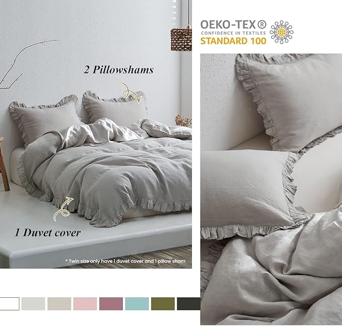 Simple&Opulence 100% Linen Duvet Cover Set, Natural French Flax Light Grey Ruffle Duvet Cover Twin Size, Breathable Comfy Linen Bedding Comforter Cover with 1 Pillowcase (Light Grey, 68" x 86")