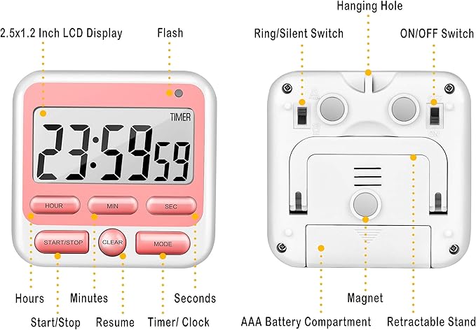 KTKUDY Digital Kitchen Timer with Mute/Loud Alarm Switch ON/Off Switch, 24 Hour Clock & Alarm, Memory Function Count Up & Count Down for Kids Teachers Cooking, Large LCD Display, Strong Magnet (Pink)