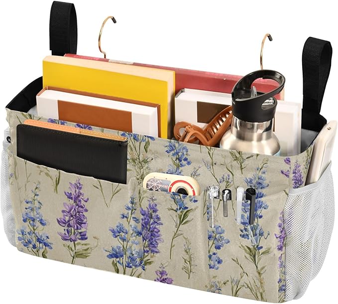 Bluebonnet Lavender Bedside Caddy for Dorm Bed Bedside Hanging Caddy Bag Iron Frame Storage Organizer Pocket for Bunk Home College Hospital Beds 2 Hooks