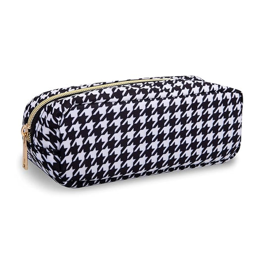 Small Pencil Case Makeup Bag for Purse, Cute Pencil Pouch Nylon Preppy Houndstooth Makeup Brush Bag with Zipper, Girl Portable Stationery Storage Case Small Pen Bag for Office School(Slim-Houndstooth)