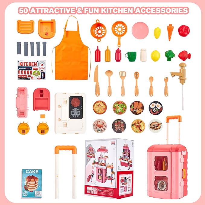 3 in 1 Play Kitchen for Toddlers-GEIYATOI,Kids Kitchen Playset with Travel Suitcase, 50 PCS Toy Kitchen Set,Realistic Cooking Accessories,Sounds,Light,Running Water,Great Kitchen Set for Toddlers