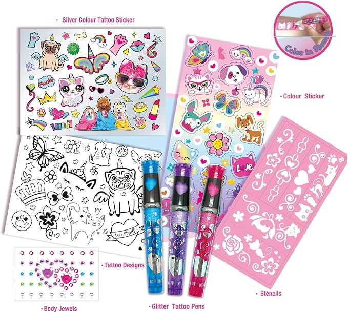 Kids Makeup Set Glitz Fun Tattoo DIY Set Glitter Tattoo Sets Playing Sticker Stencil Set Kids Toys for Birthday Gifts