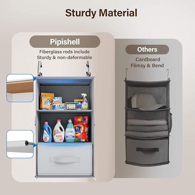 Pipishell 6-Shelf Hanging Closet Organizer with 2 Separable 3-Tier Shelves, 3 Drawers & Side Pockets Closet Organizers and Storage for Wardrobe Organization and Nursery Clothes Organizer, Gray